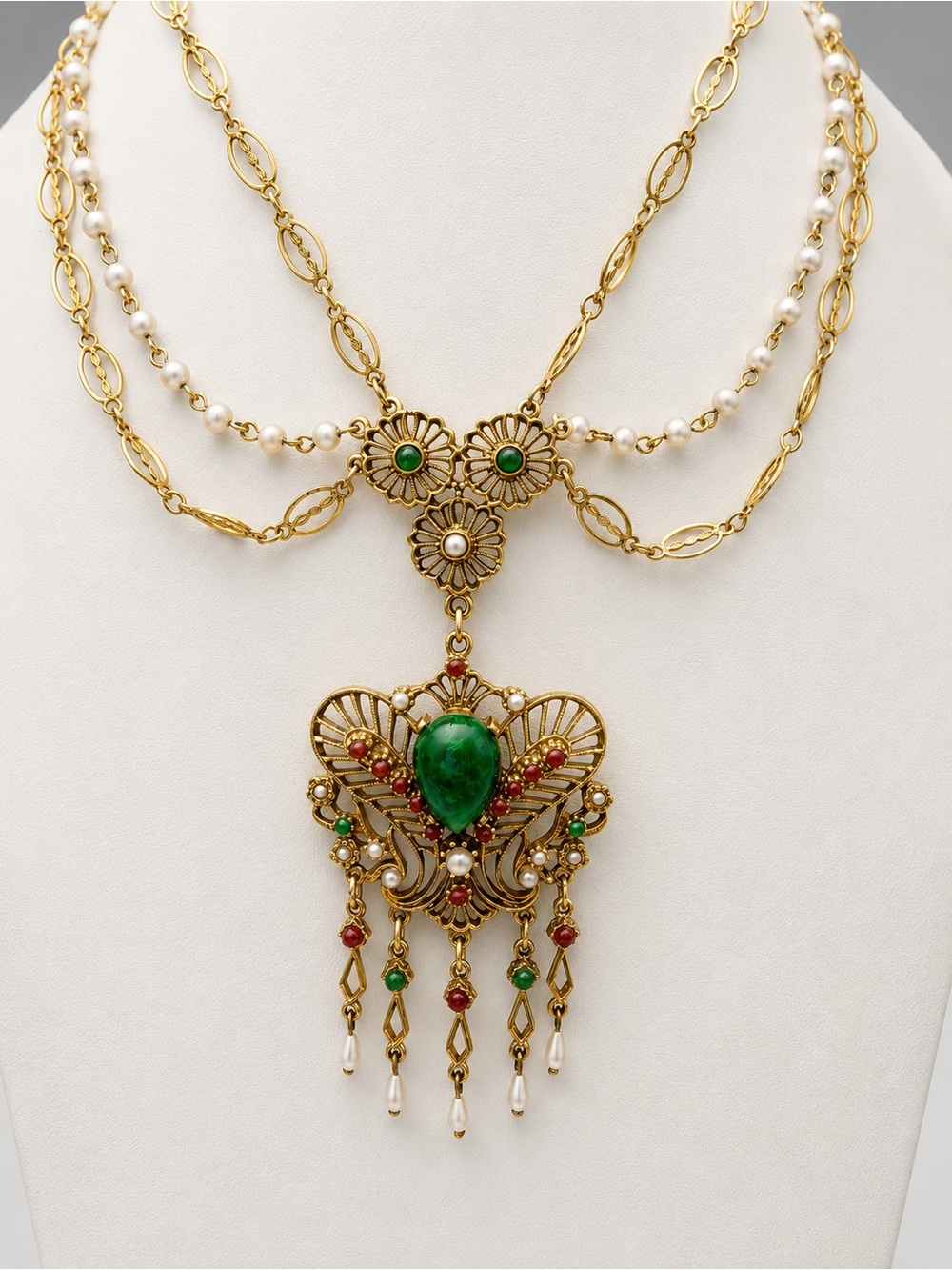 Vintage ART Design Gold and Green Statement Necklace With Pearls #27SN